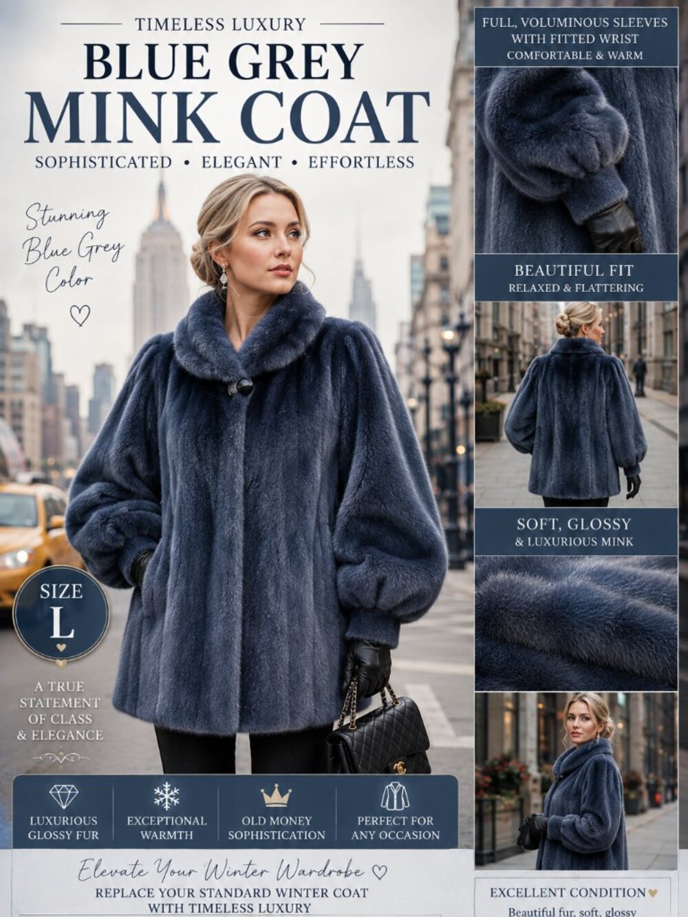 LUXURIOUS BLUE GREY GENUINE MINK COAT — SIZE L